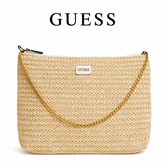 Guess Handbags - GUESS Woven Straw Shoulder Bag Beige Gold Chain Summer Clutch Resort Style